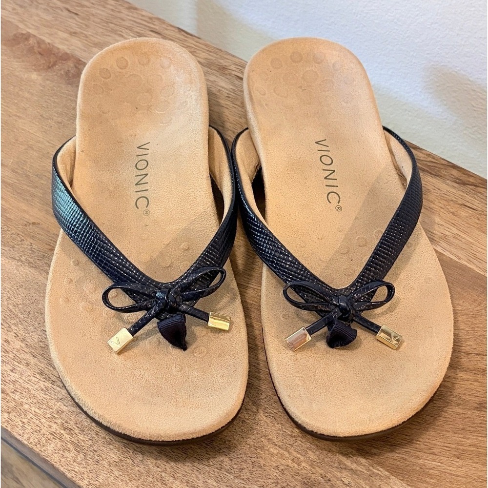Vionic Bella Sandal Navy Blue Snake Embossed Bow Orthotic Flip Flop 7